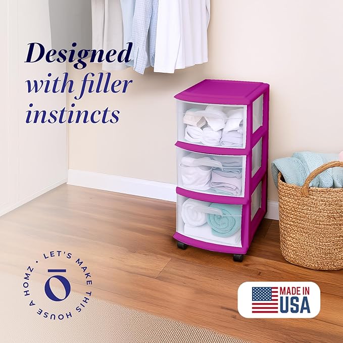 Drawer Tower, 3-Tier Clear Plastic Storage Organizer Cart, Purple Frame