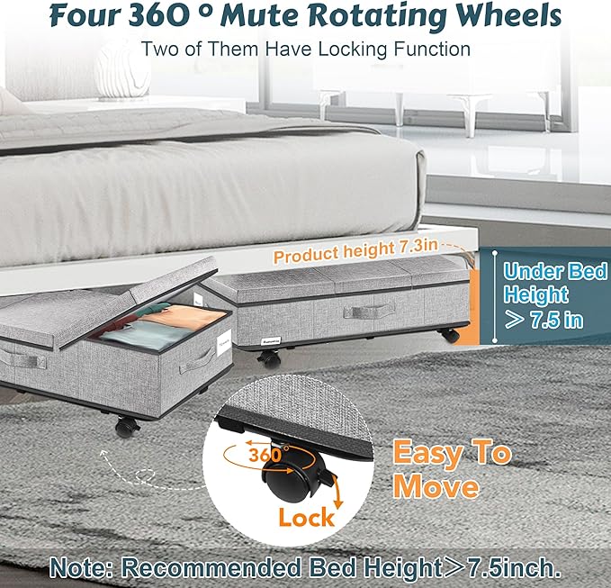 Supowin Under Bed Storage with Wheels, Rolling Underbed Storage Containers with Lids, Under Bed Shoe Storage Bins Organizer with Reinforced Metal Bottom Support and Three Handles