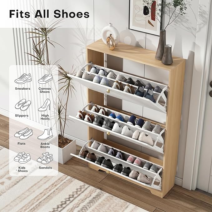 Nicetree Shoe Cabinet with 3 Flip Drawers，Freestanding Shoe Storage Cabinet, Narrow Shoe Organizer Cabinet, Farmhouse Slim Shoe Rack Cabinet for Entryway,Natural Oak and White with Hook