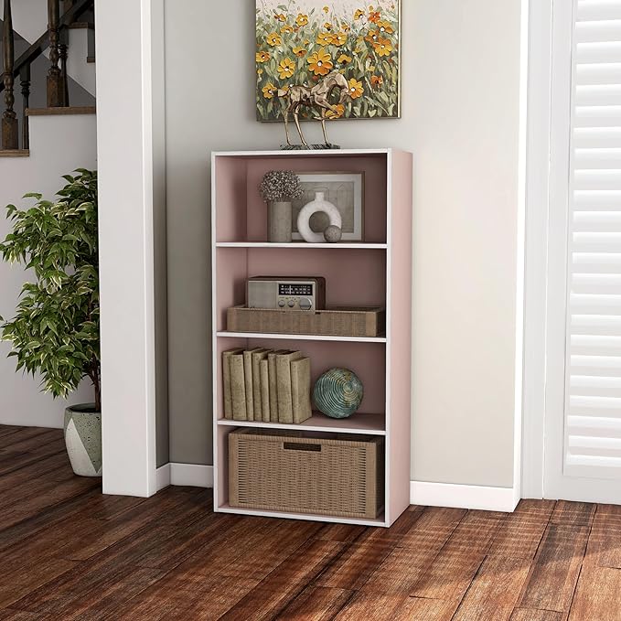 Homes: Inside + Out Apexa 4-Tier Cube Storage Organizer Shelves, Stackable Wood Bookcase Fits Cubby Bins for Organization, Dorm Teen Room Decor & Home Office, Light Pink