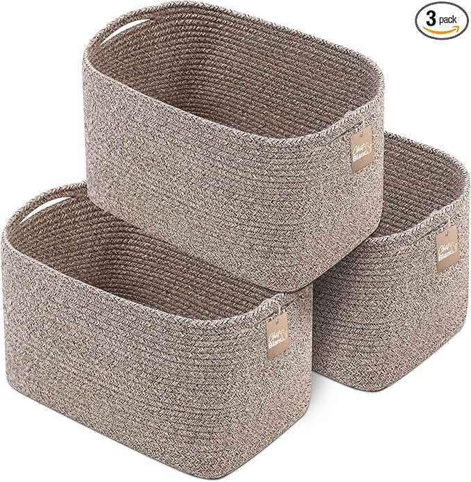 CHAT BLANC Cotton Rope Baskets for Organizing, Shelves, Toys, Storage, Shoe, Bathroom, Laundry, Towel, Nursery, Home Decor, Blanket, Cloth Woven Bins Fabric (Brown, 15"x10"x9")
