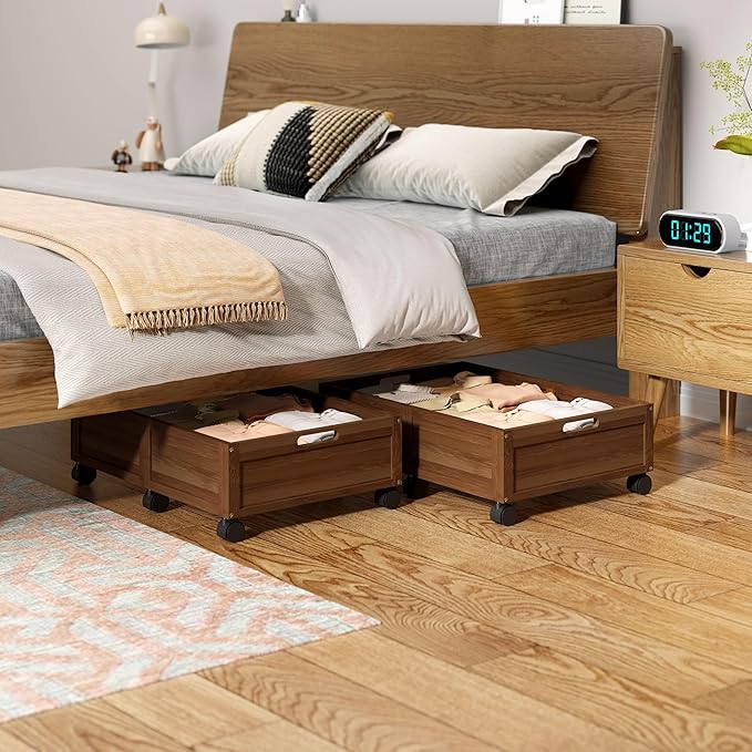 WISUCART Wood Under Bed Storage Containers Underbed Organizer with Wheels Sturdy Wood Rolling Under Bed Shoe Storage Organizer 2 Packs (Walnut, Small)