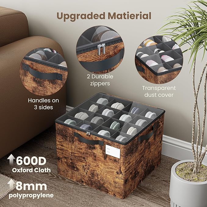 Varhomax Shoe Organizer Box for Closet, Fabric Shoe Storage Bin with Adjustable Dividers & Clear Cover, Holds up 16-32 Pairs of Sneakers & Sandals for Entryway, Cubby (Rust Brown)