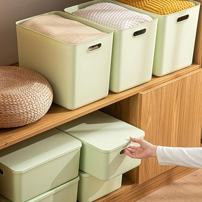 5 pack large plastic White storage bins with Lids, Toy Box Chest with Handle，Organizer Containers Baskets for Baby,Nursery，Shelves，Playroom, Bedroom，Office,Closet，home (Light Green, 5L)