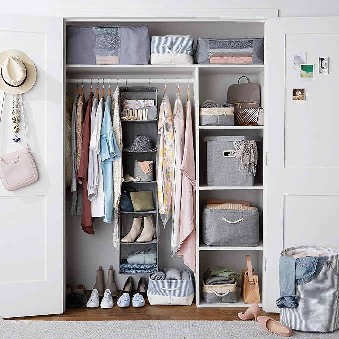 Amazon Basics 6-Tier Hanging Closet Shelf Organizer with Pockets, Clothes Storage for Sweaters and Clothing, 12" W x 9" L x 8.5" H, Grey | Organizer
