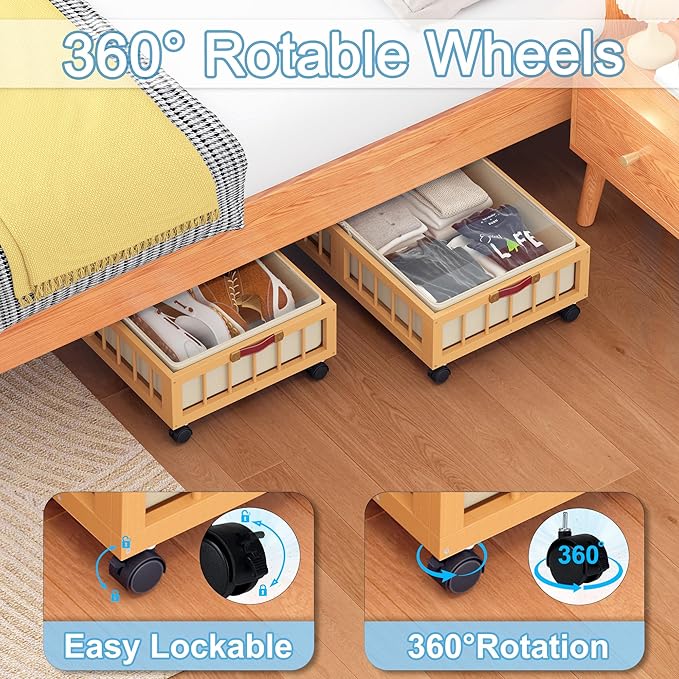 2-Pack Bamboo Under Bed Storage Containers with Wheels, Nature