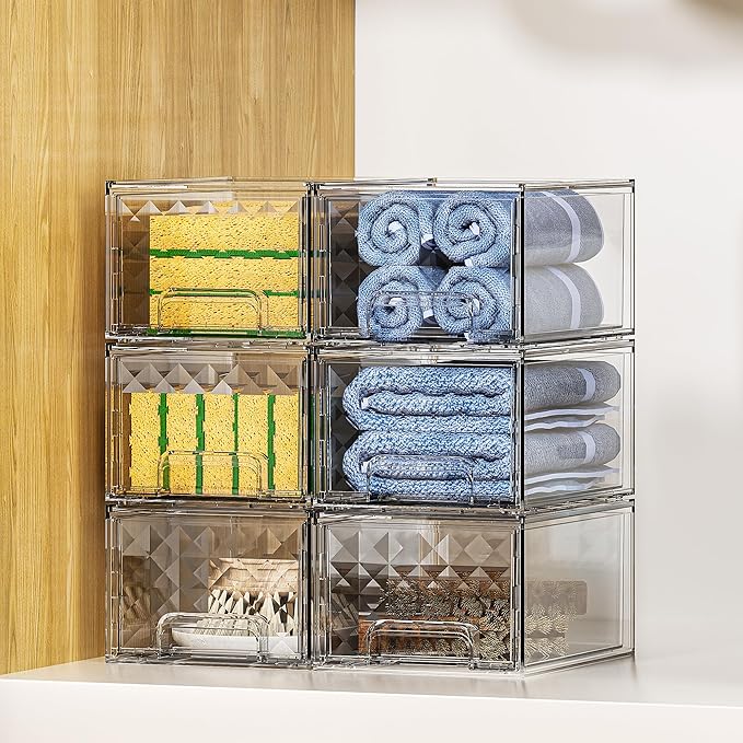 Delamu 2 Pack Stackable Storage Drawers, Makeup Skincare Holder Vanity Storage Organizer, Plastic Drawers For Vanity Desk, Undersink, Kitchen Cabinet, Pantry, Clear, Ideal Gifts for Women