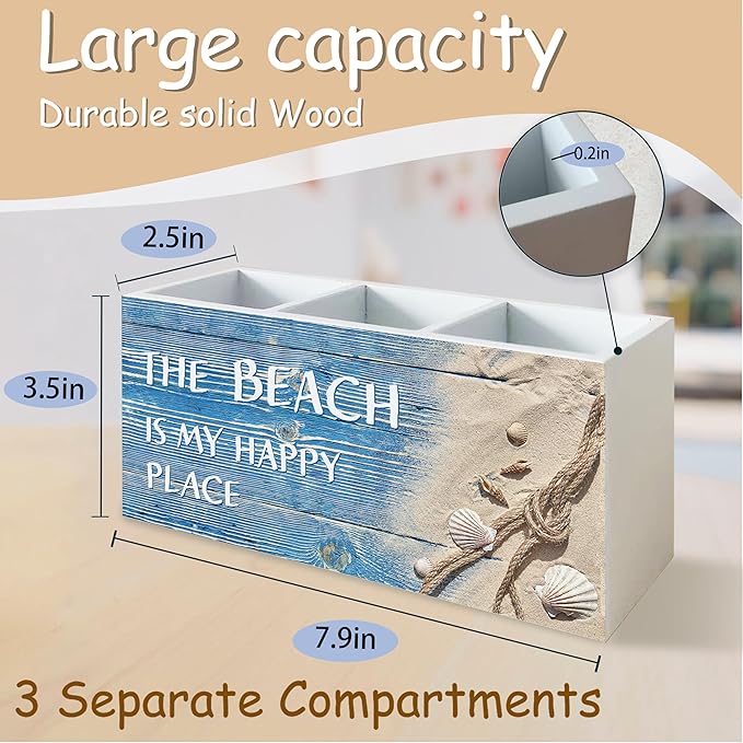 Seashell Coastal Beach Pen Holder for Home Office Kitchen Desk Decor, Beach Wooden Pencil Holder Sign Organizer for Home Office Desk Accessories, Coastal Gifts for Women Men