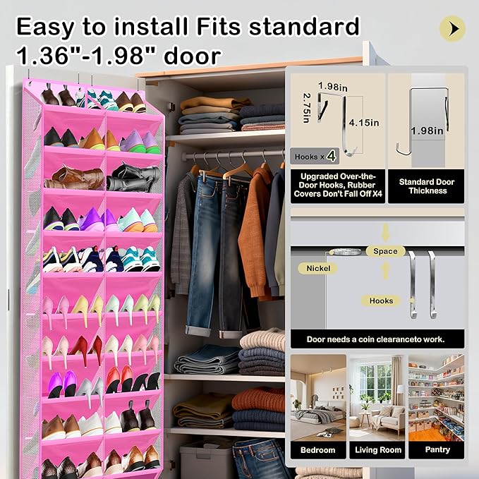 Kotkn 10-Tier Over the Door Shoe Organizer, 20 Pockets Holds 20-30 Pairs, Heavy-Duty Oxford Fabric with Hexagon Mesh for Boots & Sneakers- Pink