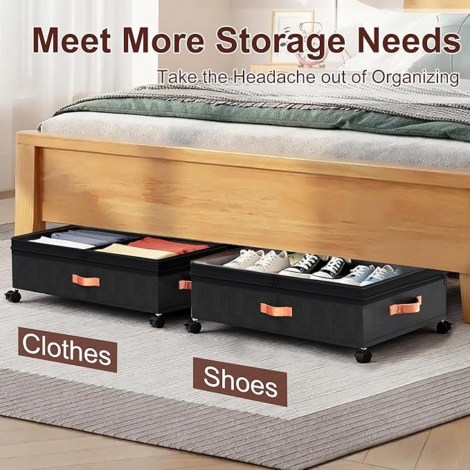 Under Bed Storage Organizer with Wheels - 2Pack 70L Extra Large Rolling Storage Bins with Clear Lid & Labels for Clothes, Shoes, Blankets (XXL, Black)
