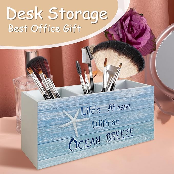 Coastal Beach Pen Pencil Holder for School Home Office Desk, Beach Decor Wooden Pencil Holder Sign Organizer for Home Office Desk Accessories, Coastal Gifts for Women Men