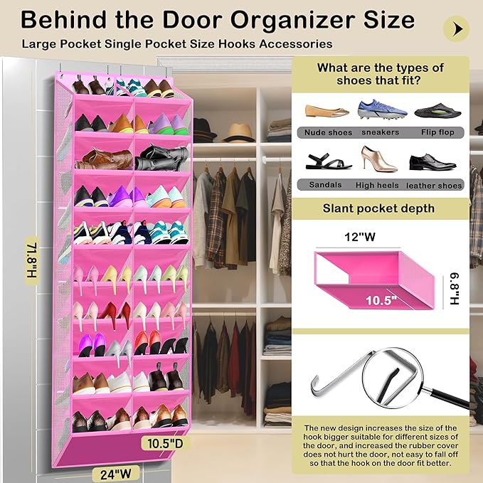 Kotkn 10-Tier Over the Door Shoe Organizer, 20 Pockets Holds 20-30 Pairs, Heavy-Duty Oxford Fabric with Hexagon Mesh for Boots & Sneakers- Pink