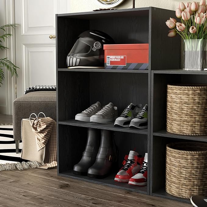 Homes: Inside + Out Apexa 3-Tier Cube Storage Organizer Shelves, Stackable Wood Bookcase Fits Cubby Bins for Organization, Dorm Teen Room Decor & Home Office, Black
