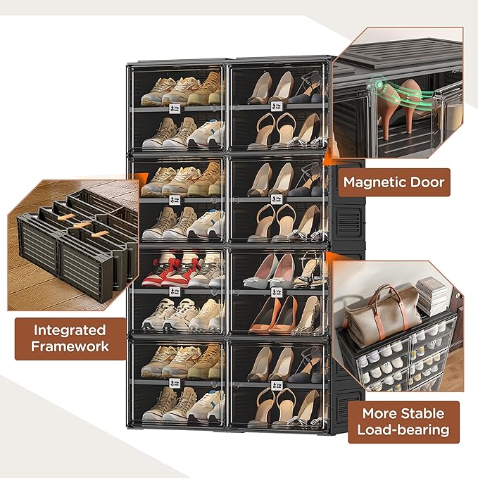 Vipbox Black Shoe Rack Organizer Cabinet for Closet Entryway,Clear Shoe Storage Boxes Stackable Sneaker Storage with Door Easy Assembly Shoe Cabinet with Lids Large 8 Tiers 32 Pairs