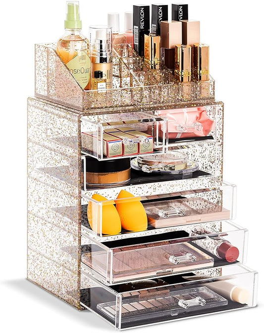 Sorbus Acrylic Makeup Organizer Set, 6-Drawer Vanity & Countertop Cosmetic Storage with Small & Wide Compartments, Glitter Makeup Storage for Brushes, Jewelry – Holiday Gift for Women & Teens