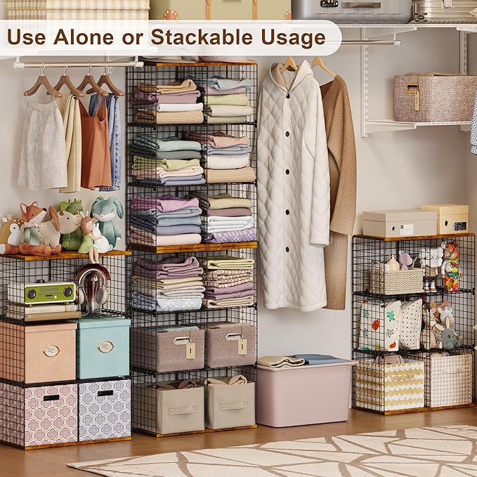6-Cube Tall Closet Organizer Storage Wire Basket Shelf with Wood Top for Wardrobe Bedroom Closet Systeem, Stackable Sturdy Space-saving Clothing Shelves for Clothes, Sweaters, Pants, Handbags, Shoes