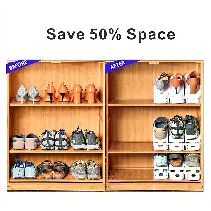 Shoe Slots Organizer, 36PCS Adjustable Double Layer Stack Shoe Rack, 50% Space-Saving Storage Rack Holder, White