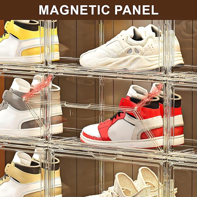 MMBABY 12 Pack Acrylic Clear Shoe Boxes– Ultra Clear Plastic Stackable Sneaker Storage For Sneakerhead. Professional Grade Shoe Display Case with Magnetic Door.Fits US Size 15