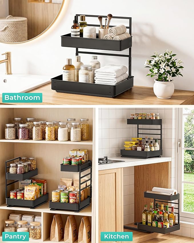 EVERIE Metal Pull Out Slide Shelf Organizer for Under Sink Organization in Kitchen, Bathroom, Counter, Cabinets, Minimum Available Space 13" Wide x 16.5" Deep (Black, 1 Set)