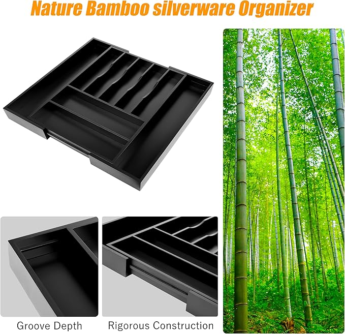 Large Premium Bamboo Silverware Organizer, 7-9 Slot, Black