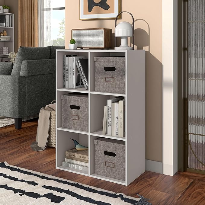 Homes: Inside + Out Apexa 6-Cube Storage Organizer Shelves, Stackable Wood Bookcase Fits Cubby Bins for Organization, Dorm Teen Room Decor & Home Office, Taupe Grey
