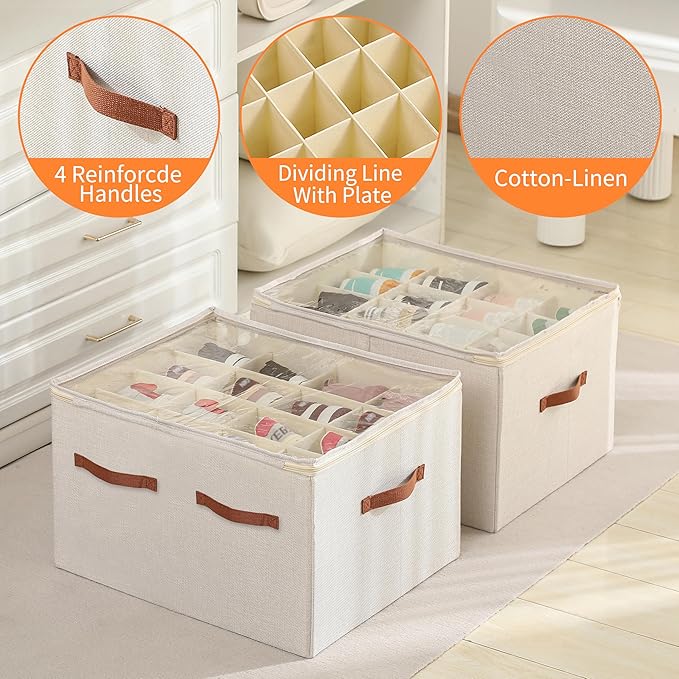 Shoe Organizer for Closet, Foldable Large Shoe Storage Box with Clear Cover, Removable Partitions and Bottom are Supported by Plastic Boards (Beige, 20.5“Lx16.9 Wx13'H)