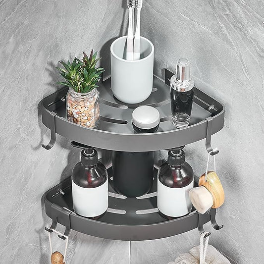 Adhesive Corner Shower Caddy with Hooks, Bathroom Shower Organizer, Grey