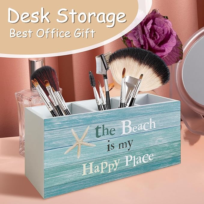 Beach Pen Holder for Home Office Kitchen Desk Decor, the Beach Is My Happy Place Wooden Pencil Holder Sign Organizer for Home Office Desk Accessories, Coastal Gifts for Women Men