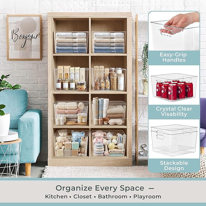 Sorbus Clear 11x11 Cube Storage Bins, 6 Pack Large Square Organizer Bins with Handles, Stackable Plastic Storage Containers for Cube Storage, Closet, Shelf & Home Organization, BPA-Free