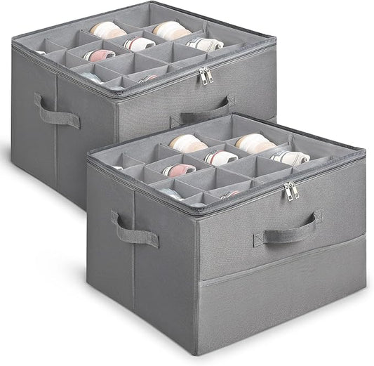 Under Bed Shoe Storage Organizer 16 Compartment, Foldable Shoe Organizer Under Bed with Clear PVC Lid, Shoe Storage Box with Zipper & Handle for Closet Bedroom, Grey, Pack of 2