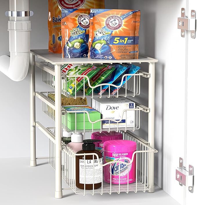 Simple Houseware Stackable 3 Tier Sliding Basket Organizer Drawer, White