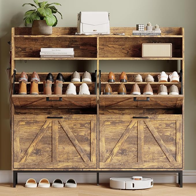 Shoe Cabinet with 4 Flip Drawers, Brown