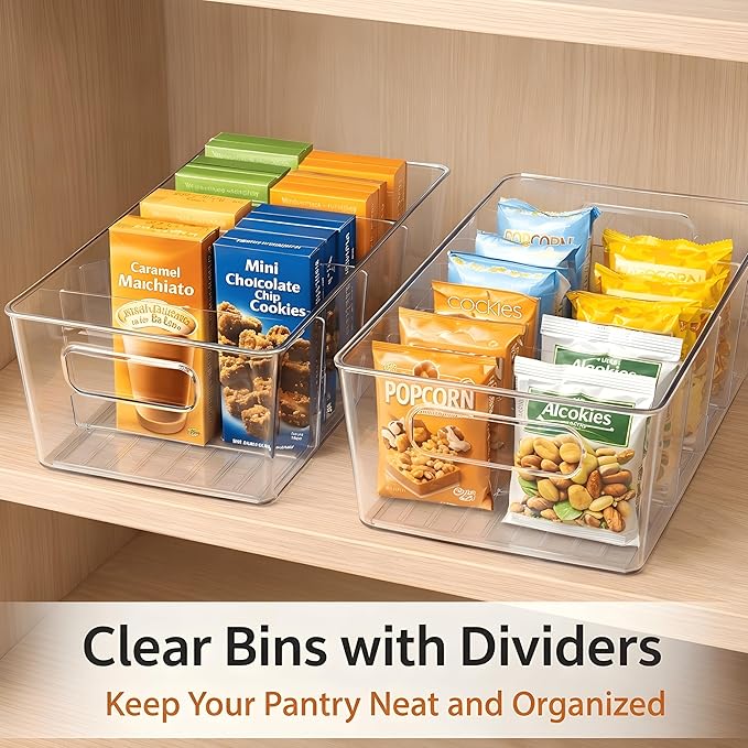 6 Pack Pantry Organizers and Storage, Food Storage Containers with 3 Removable Divider for Kitchen, Fridge, Cabinet Organization, Clear Plastic Storage Bins for Snacks, Spice Packets, Packets, Pouches