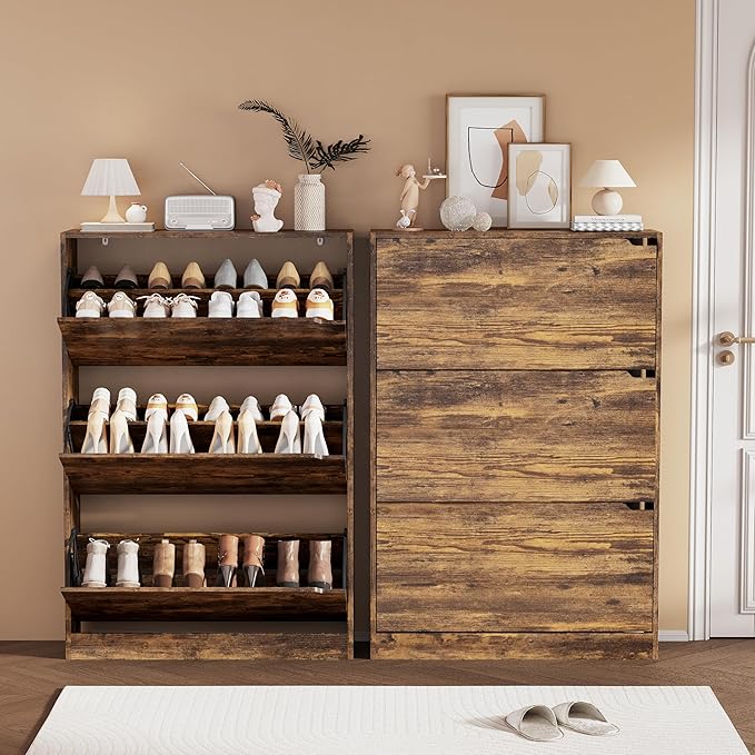 Shoe Storage Cabinet, Wood Shoe Organizer for Entryway with 3 Flip Drawers, Freestanding Shoe Rack w/h Adjustable Shelf,Narrow Shoe Dresser for Front Door Entrance(Brown, 47.2" x 31.5" x 9.25")