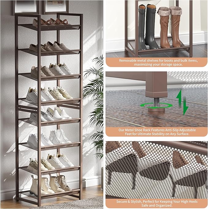 Tall Narrow Shoe Rack, 8 Tier Stackable Shoe Stand for 16-20 Pairs, Heavy Duty Shoe Organizer for Small Space Closet Bedroom, Bronze