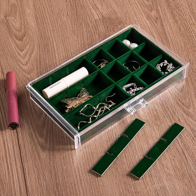 Frebeauty Acrylic Jewelry Organizer Earring Organizer Box with 5 Drawers Earring Holder Organizer with Velvet Trays Clear Jewelry Box for Women Earring Display for Rings Studs(Blackish Green)