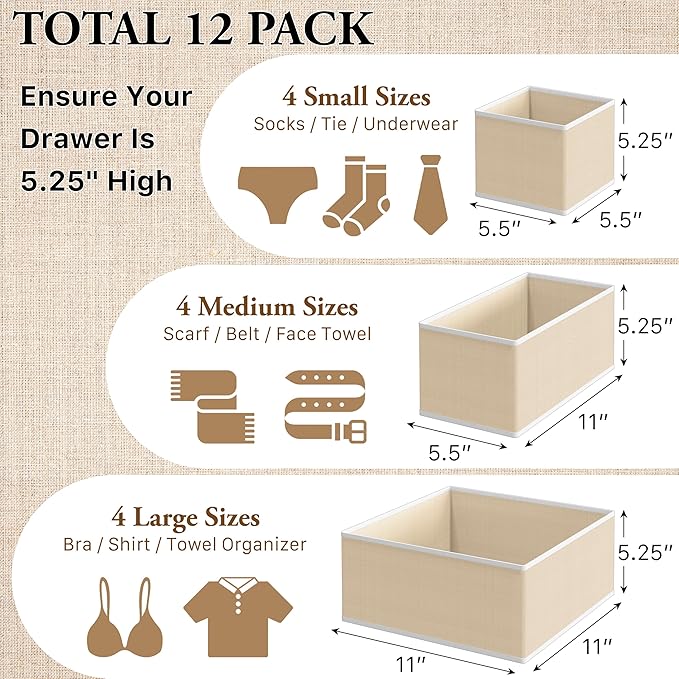 Simple Houseware Foldable Drawer Organizer Set of 12, Beige – Fabric Storage Bins for Clothes, Underwear, Bra, Panty, Socks, Onesies – Closet & Dresser Drawer Dividers for Home Organization