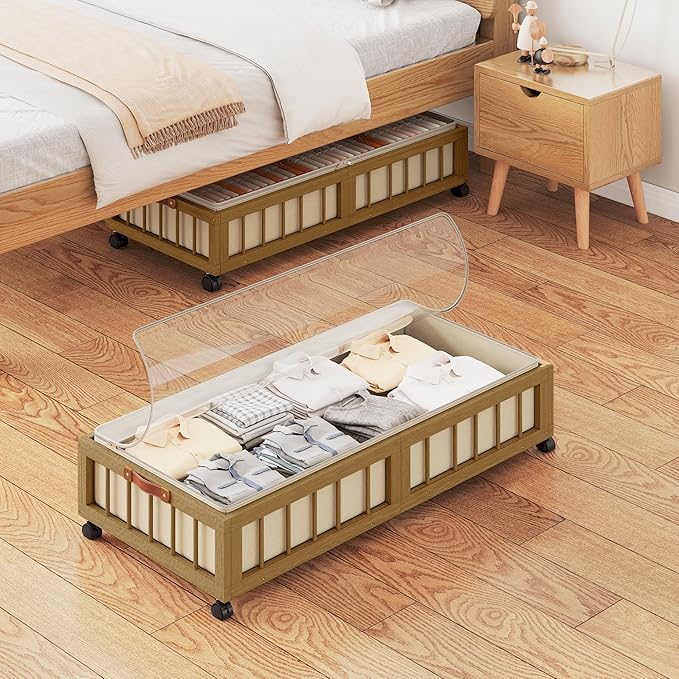 2-Pack Bamboo Under Bed Storage with Wheels, Brown