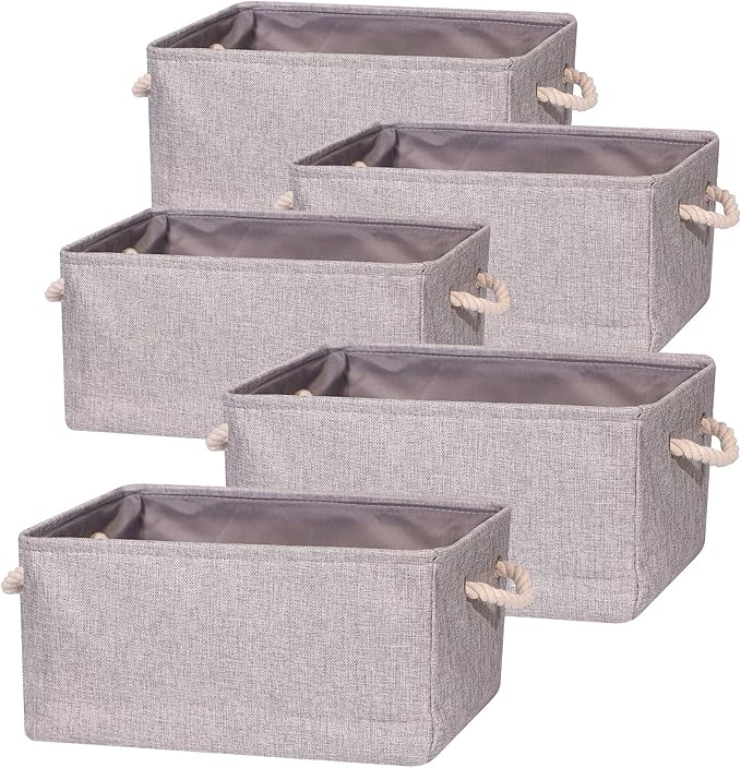 TENABORT 5 Pack Large Storage Basket Bin, Foldable Storage Cube Box Canvas Fabric Collapsible Organizer with Handles for Closet Home Office Clothes Shelf, Grey