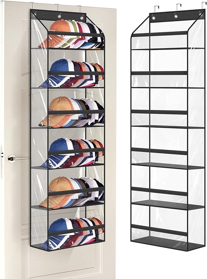 AOODA Clear Over The Door Hat Racks for Baseball Caps, Large Holds up to 72 Caps Hat Storage Organizer for Closet Wall, Deep Pockets Hanging Hat Holder with 3 Hooks, Black