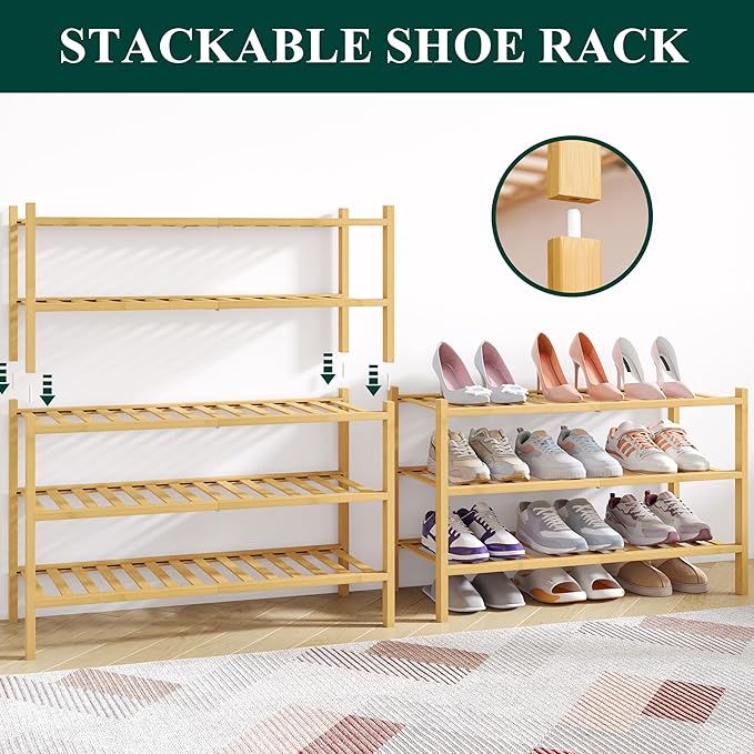 Smiry Bamboo Shoe Rack for Closet, 5 Tier Wooden Shoe Organizer, Stackable Wood Shoe Storage Shelf for Entryway, 14 Vertical Slats, 2+3 Stack Heavy-Duty Legs, 26.77"x11.02"x31.3", Natural