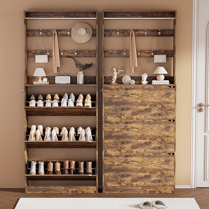 Shoe Storage Cabinet, Wood Shoe Organizer for Entryway with 3 Flip Drawers, Freestanding Shoe Rack with Adjustable Shelf, Narrow Shoe Dresser for Front Door Entrance(Brown, 78.74" x 31.5" x 9.37")