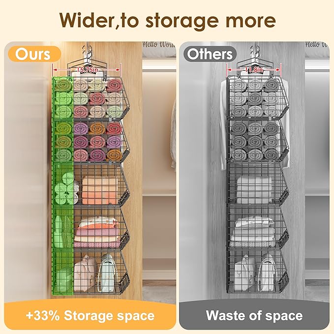 Capacity Upgrade Edition Deeper 4'' 5 Tier Foldable Hanging Closet Organizer and Storage，Wire Cabinet Shelves and Rack with 5 S Hooks,Stackable Metal Basket Bins for Clothes Shoe Purse,Black