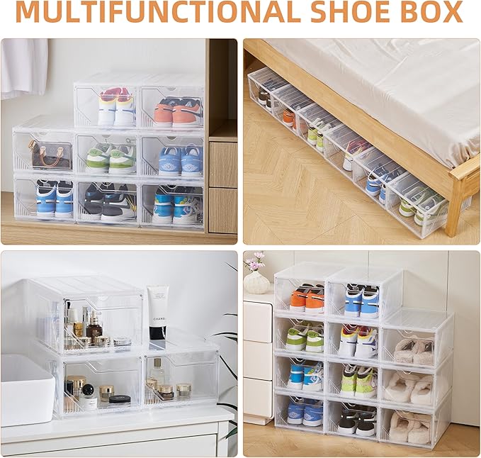 XX-Large Shoe Sneaker Storage Boxes for Size 14,Easy-to-Install Shoe Boxes, Thick and Stable, Stackable Shoe Boxes, Closet Organization (Clear White, XXL-10-pcs)