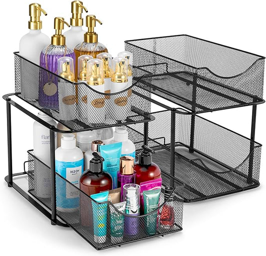 Sorbus 2 Sets of 2 Tier Metal Under Sink Organizer for Bathroom, Kitchen, Strong Steel Mesh Sliding Drawers for Under Sink, Under Cabinet, Closet, Kitchen, Pantry, Bathroom Organizers and Storage