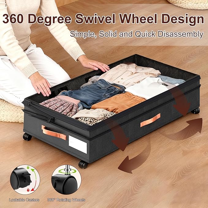 Under Bed Storage Organizer with Wheels - 2Pack 70L Extra Large Rolling Storage Bins with Clear Lid & Labels for Clothes, Shoes, Blankets (XXL, Black)