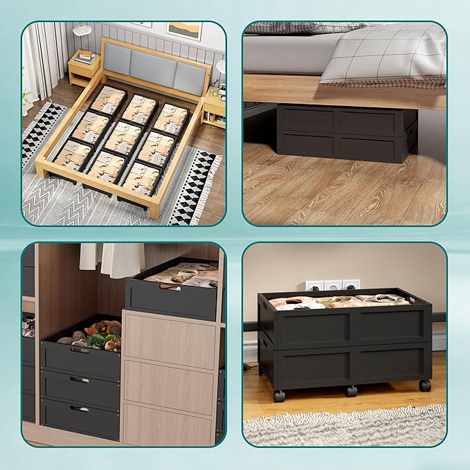 WISUCART Wood Under Bed Storage Containers Underbed Organizer with Wheels Sturdy Wood Rolling Under Bed Shoe Storage Organizer 2 Packs (Black, Small)