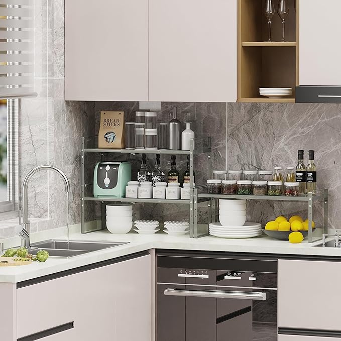 Jojocross Expandable Stackable Spice Rack Cabinet Shelf Organizer in Cabinets Shelves Kitchen Cupboard Organization Stack up Racks Pantry Countertop Storage (Gray, Large 2 Packs)