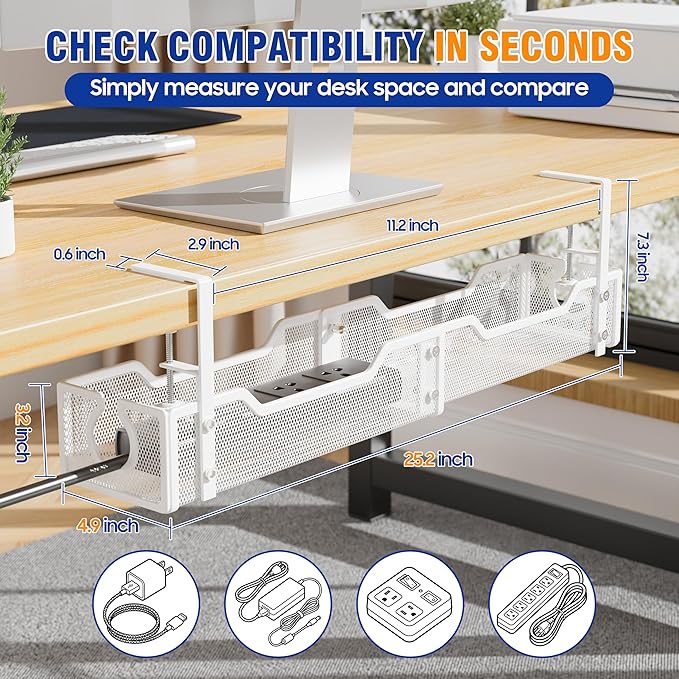 Upgraded 25.2'' Under Desk Cable Management Tray, No Drill Clamp-On Design Wire Organizer, Cable Organization Box for No Damage to Desk, Metal Cord Organizer for Home Office, White