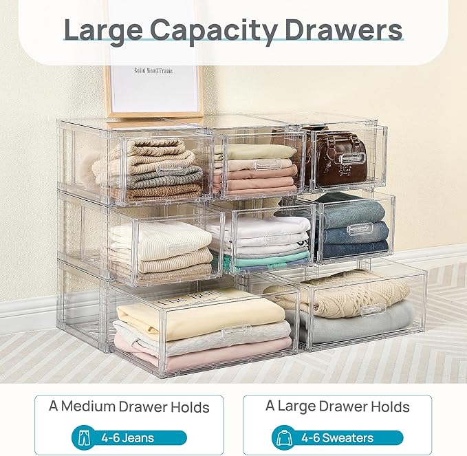 Vtopmart 2 Pack Large Clear Stackable Storage Drawers 27QT, Easily Assemble Plastic Closet Storage Bins, Dust-Proof UnderBed Organizer for Clothing, Sweater Organization
